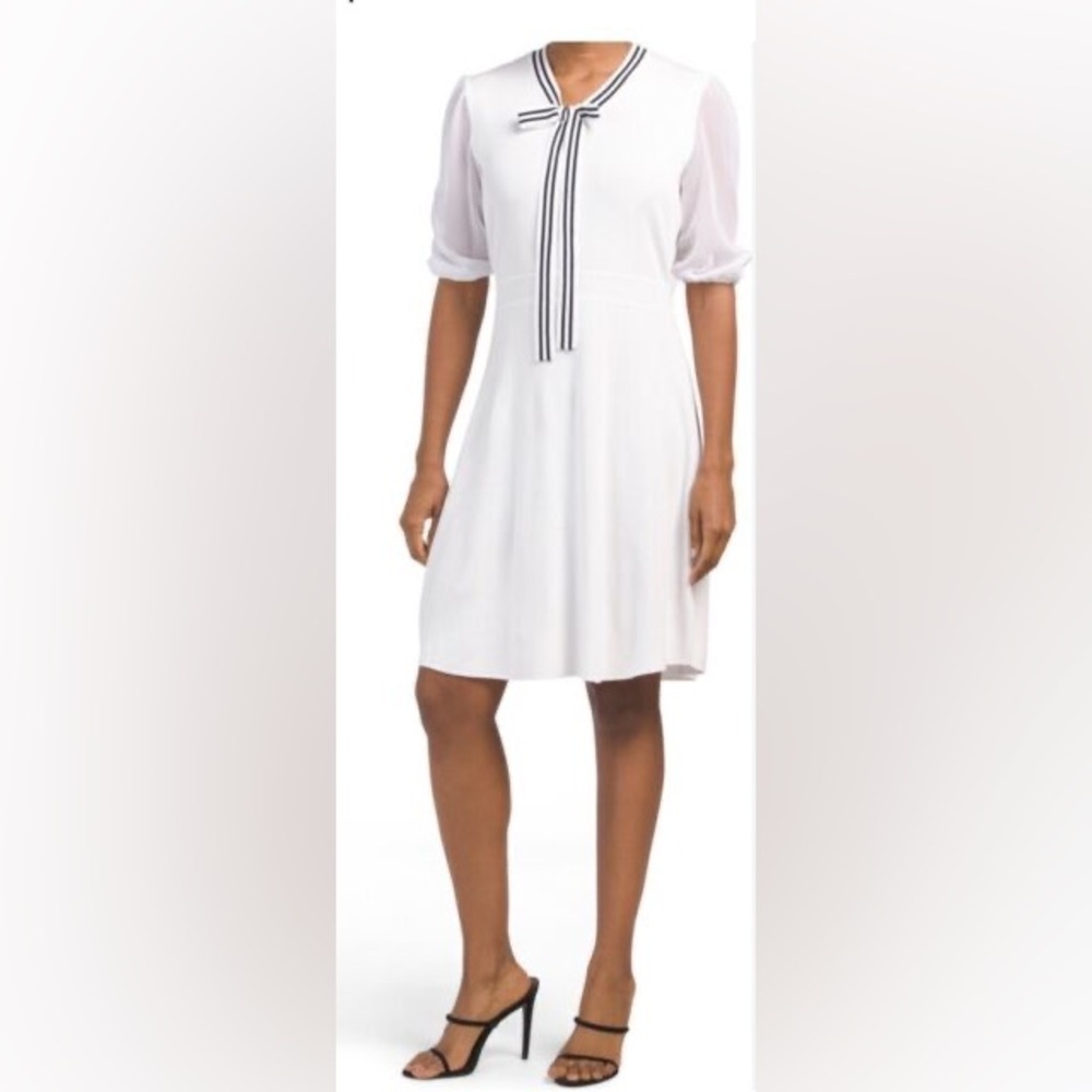 NWT Nanette Lepore Brilliant White Black Neck Tie Puff Sleeve Pencil Dress M - Picture 3 of 16